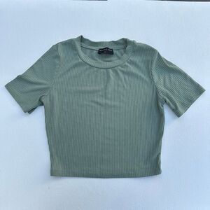 White Fox Ribbed Short Sleeve Top Green XS Casual Basic Tee
